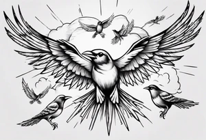 shoulder tattoo with light rays with birds flying free among the clouds tattoo idea