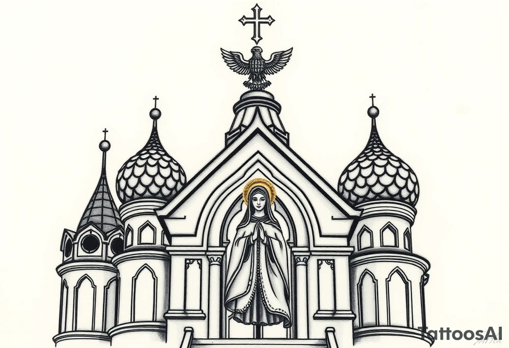 Flowing Scene

A onion domes orthodox church
Virgin Mary in prayer pose on the front doors of the russian orthodox church 
A small double headed russian coat of arms eagle or just the star tucked above the dome near the hairline tattoo idea