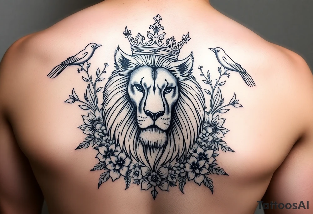 powerful majestic lion with a crown, surrounded by floral ornaments and birds tattoo idea