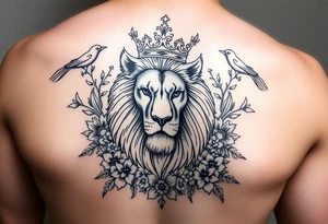 powerful majestic lion with a crown, surrounded by floral ornaments and birds tattoo idea