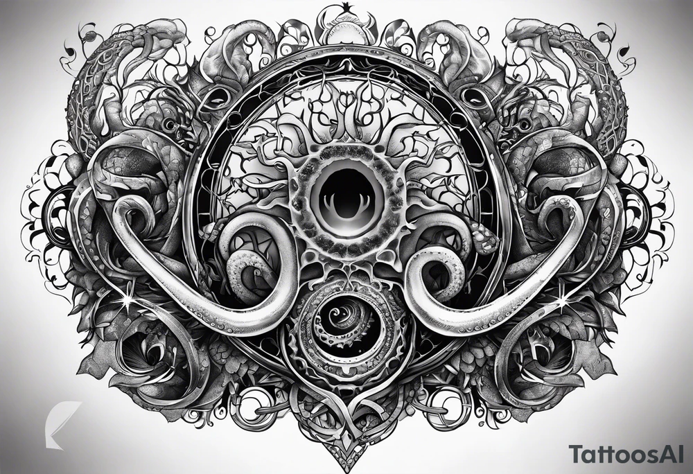 Long tattoo for forearm. Lovecraftian creature, with technological elements. Tentacles protect a heart. tattoo idea