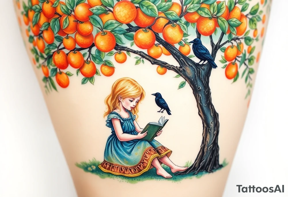 A blond little girl wearing a blue dress sitting under a orange tree while reading a book.a raven on top of a tree branch watching her. 


. tattoo idea