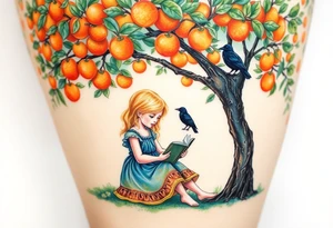 A blond little girl wearing a blue dress sitting under a orange tree while reading a book.a raven on top of a tree branch watching her. 


. tattoo idea