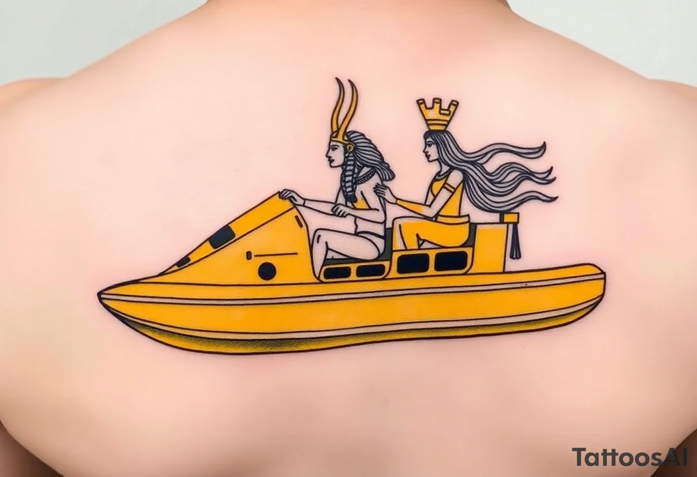 "Anubis driving a yellow Uber-styled solar barge.  
Passengers:  
- Голый Пикассо (из «Ампир V»)  
- Алиса (с табличкой 'Аид – 5★')  
Meter reads: *'SOUL: 4.8 rating (would not reincarnate)'*.  

Style: Urban hieroglyph. Black/yellow. Calf." tattoo idea