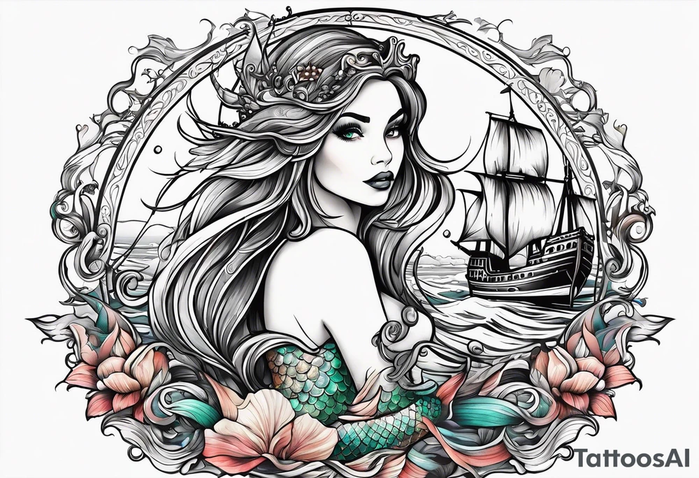 mermaid with galleon ship tattoo idea