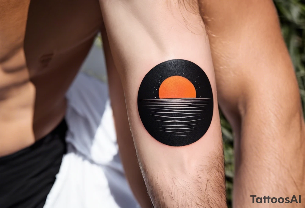 This is an extremely simple and minimalistic tattoo on male forearm. It is black and white with minuscule splashes of orange from the sun. The tattoo 4 inches wide by 2 inches tall. It is NOT a circle. From the perspective of being on the ocean, Water is calm, with no waves in sight, the sun is setting behind the ocean, reflecting light onto the water. The water has shading. tattoo idea