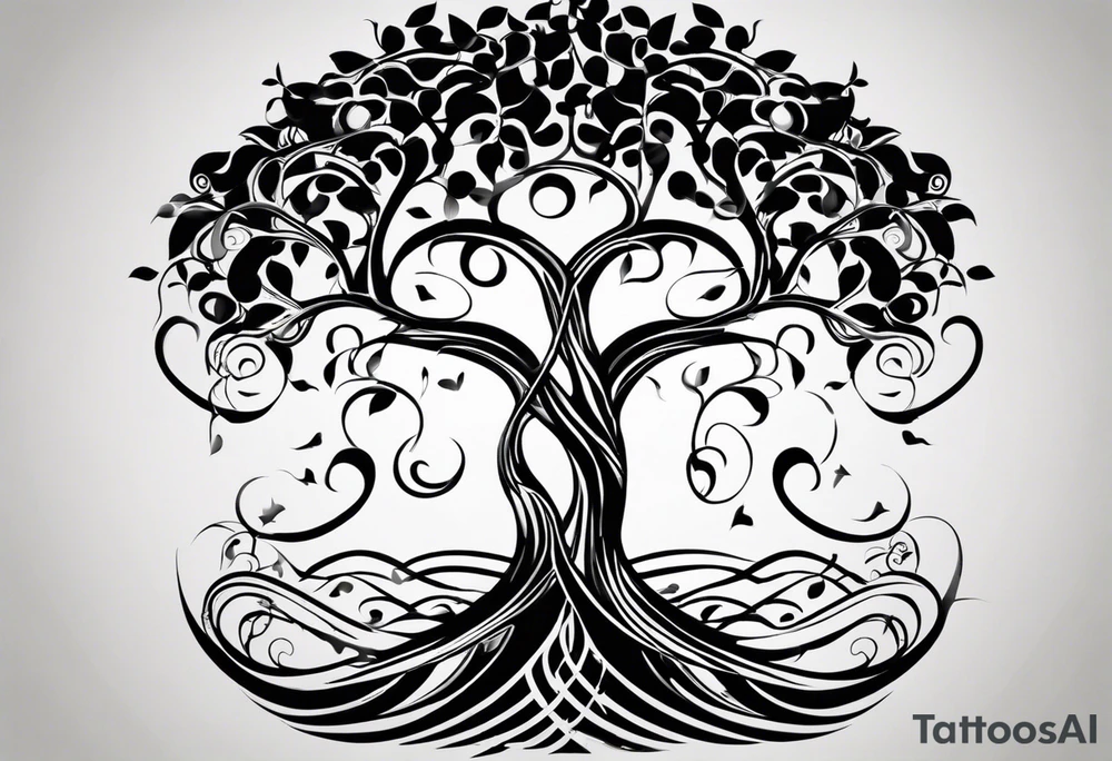 A tattoo design that incorporates the following elements: an abstract tree of life that has roots emerging  from the ground. Waves of water wrap around the tree in a non symmetrical design.  Incorporate musical notes into the tree. the letters U and A are overlapping and engraved into the tree. incorporate a golf ball or golf course symbols like a flag but not prominent. tattoo idea