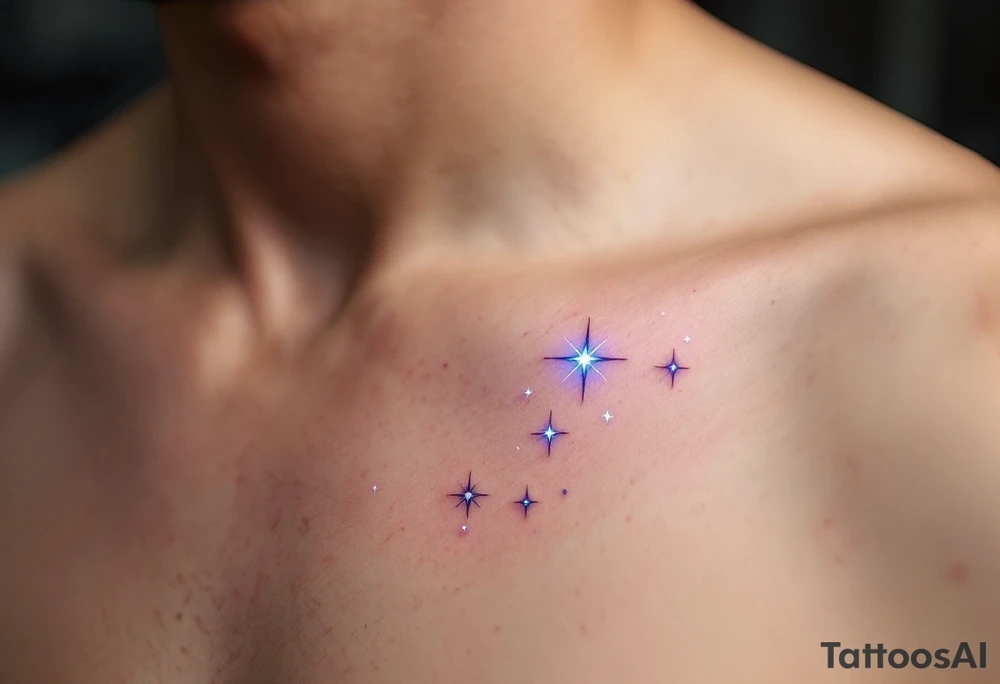 A minimalist Sagittarius figure tattoo, with thin, fine lines connecting the bright stars. The stars are dotted with a subtle blue glow. The tattoo can have a faint purple watercolor wash around the lines to give it a celestial vibe, with the stars representing the Sagittarian quest for wisdom and truth. tattoo idea