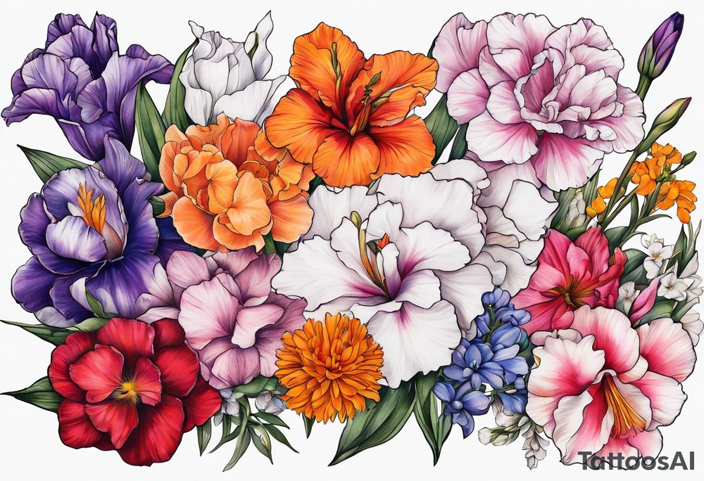 full sleeve of floral tattoo of purple gladiolus flower, pink peony, red hawthorn, orange marigold, navy blue sweet pea, and white paper white narcissus tattoo idea
