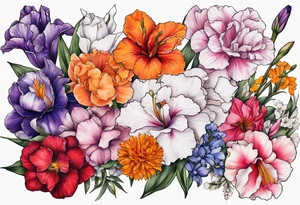 full sleeve of floral tattoo of purple gladiolus flower, pink peony, red hawthorn, orange marigold, navy blue sweet pea, and white paper white narcissus tattoo idea