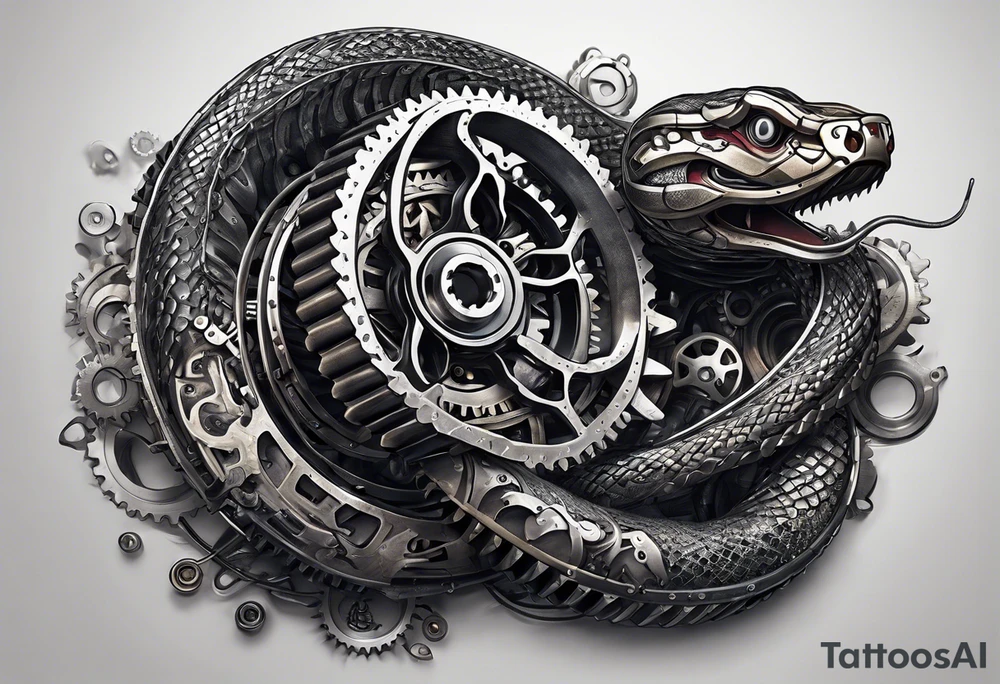 Snake made of gears, wires, bio mechanical, car engine components, metal, space material, metal material. tattoo idea