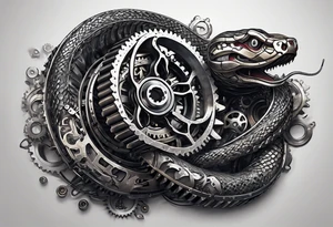 Snake made of gears, wires, bio mechanical, car engine components, metal, space material, metal material. tattoo idea