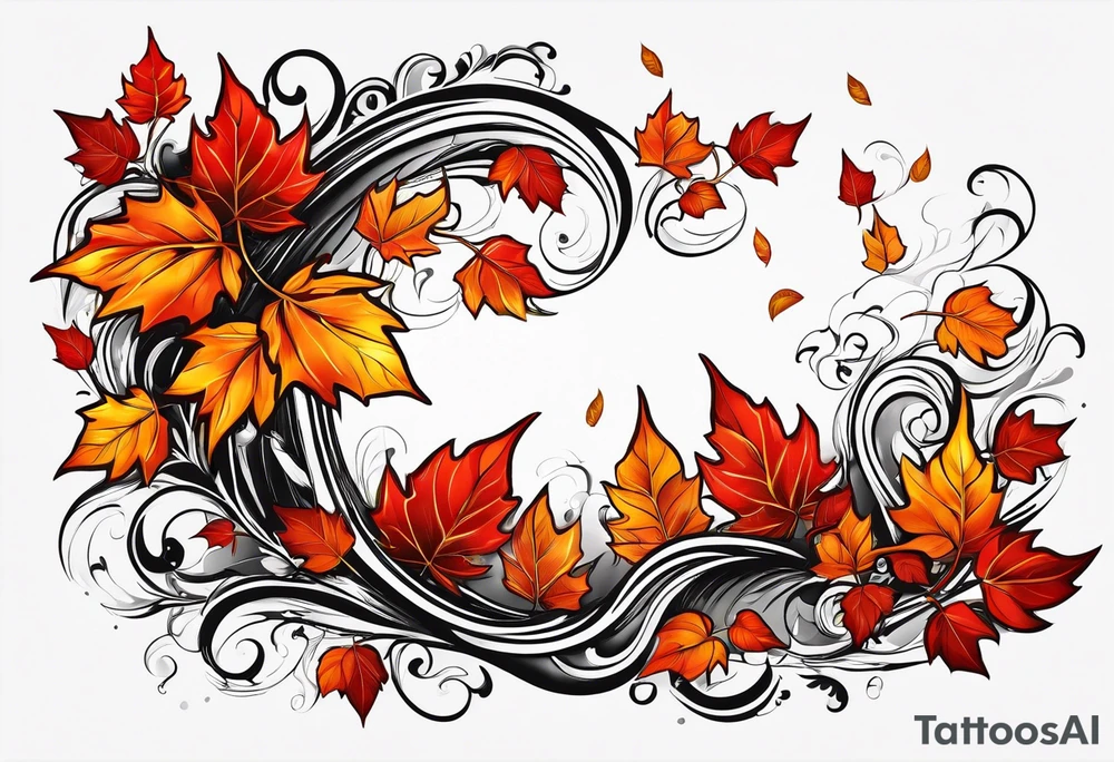 Red gold and orange leaves falling in wind tattoo idea