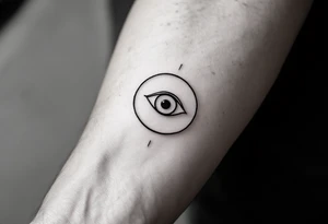 Simple black line tattoo of an eye centered in a perfect circle, thin lines, minimal design. tattoo idea