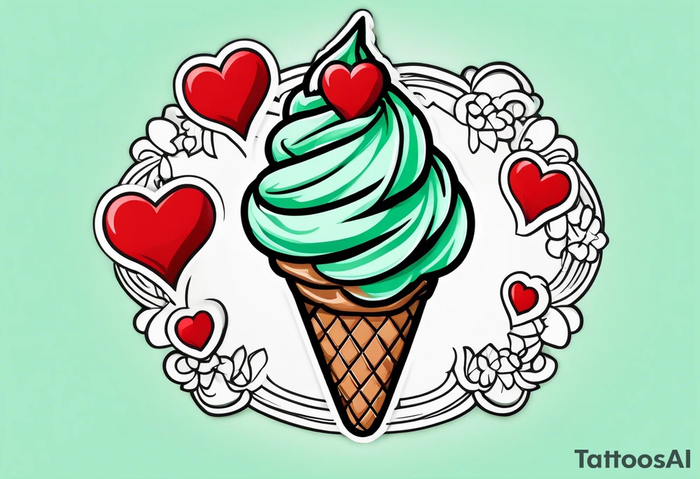 simple mint chocolate chip ice cream cone with small red heart on it somewhere. tattoo idea
