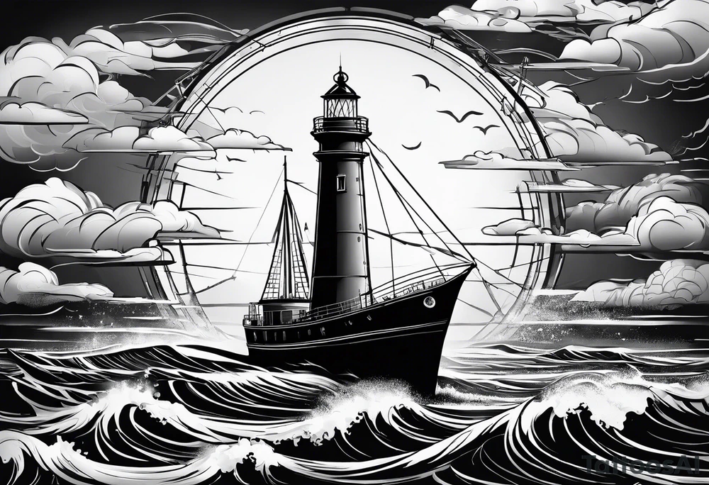 phare maritime dans un bateau entouré de voiles. tattoo idea