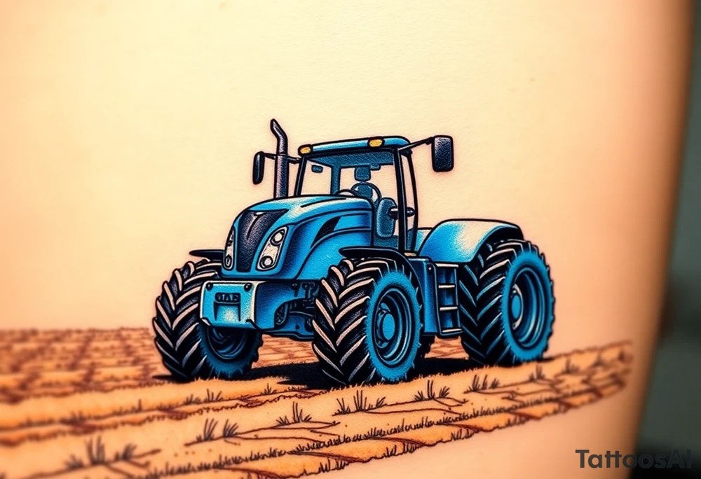 A detailed blue tractor with headlights glowing, standing proudly on a freshly tilled farm field. tattoo idea
