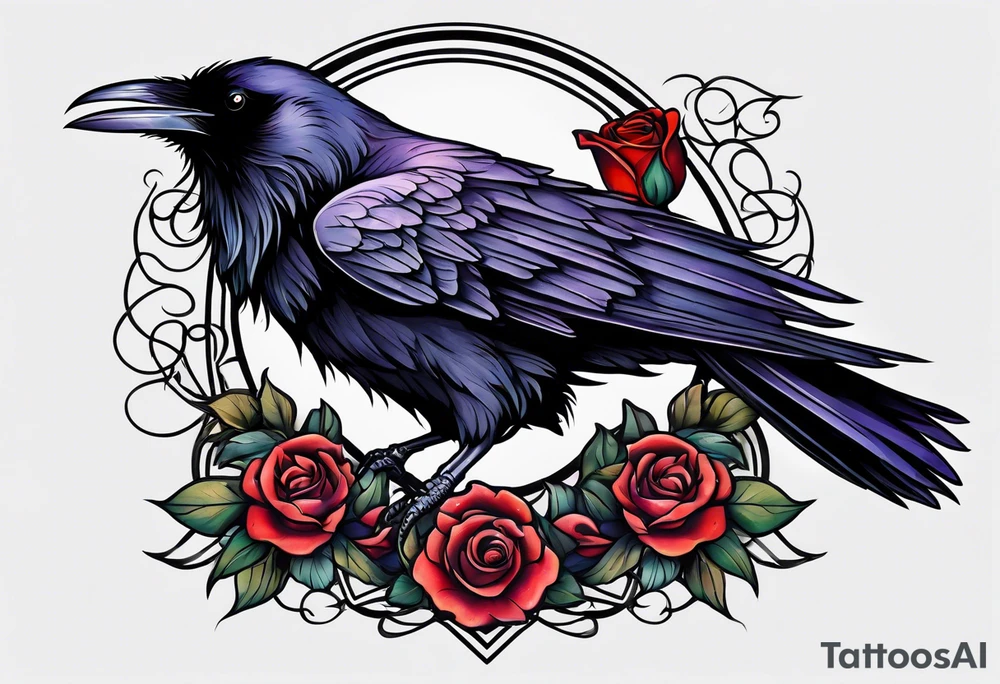 Raven facing forward with a rose underneath it tattoo idea