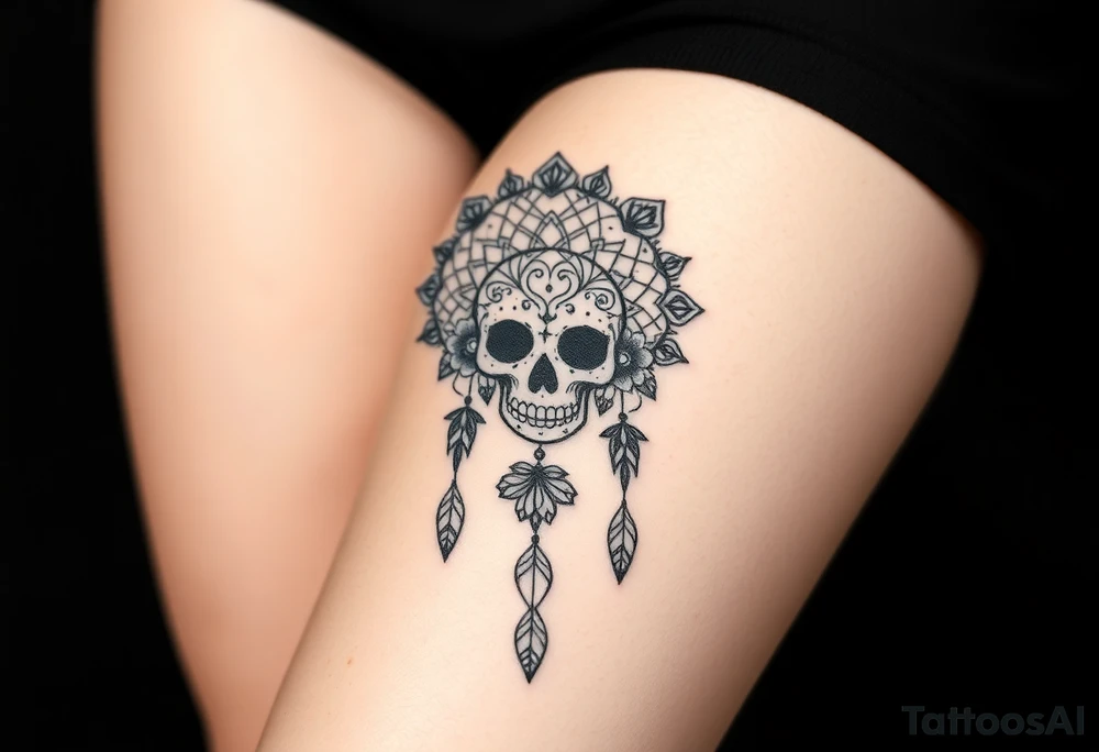 Mandala dream catcher lace with delicate skull and flowers wearing elegant crown tattoo idea