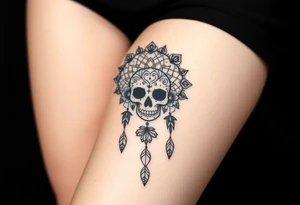 Mandala dream catcher lace with delicate skull and flowers wearing elegant crown tattoo idea