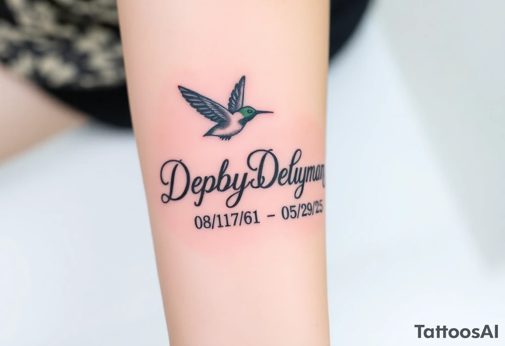 Tattoo of the exact name Debby Deguzman in chunky bold curly cursive with the exact dates of 08/17/61-05/29/25 surrounded by 1 hummingbird and 1 rose tattoo idea