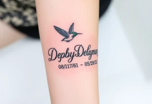 Tattoo of the exact name Debby Deguzman in chunky bold curly cursive with the exact dates of 08/17/61-05/29/25 surrounded by 1 hummingbird and 1 rose tattoo idea