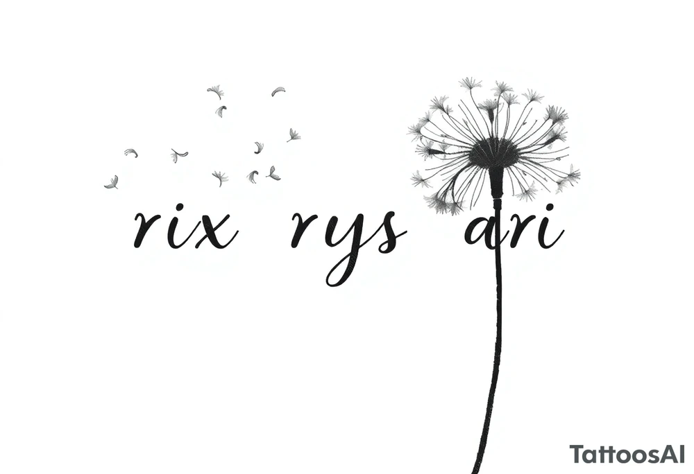 This image showcases a black-and-white watercolor-style illustration of a dandelion. The dandelion is depicted in fine detail, with its delicate seeds dispersing into the air. The artistic approach includes an ink-wash effect, where the stems appear to be dripping down like wet ink or paint, creating a dreamy and fluid aesthetic.

The background is minimalistic, with soft splatters and shading, adding to the abstract and ethereal feel. The contrast between the dark ink and the white background gives the image a striking, modern, and artistic look. It conveys themes of freedom, change, and the fleeting nature of time. Rix Rys Ari tattoo idea