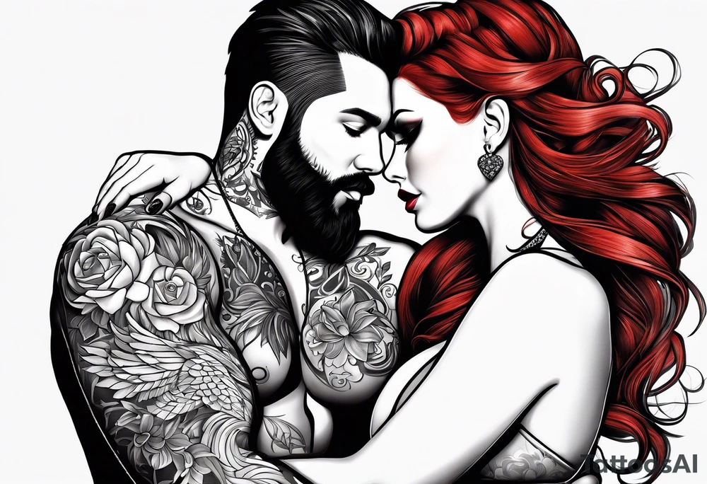 Busty red haired woman with a bearded man who has black hair tattoo idea