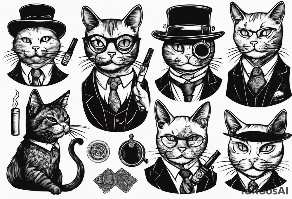 A cat wearing a monocle and smoking a cigar tattoo idea