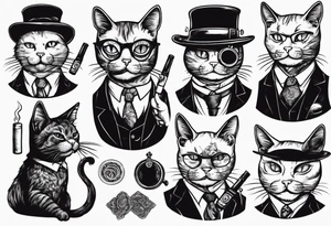 A cat wearing a monocle and smoking a cigar tattoo idea