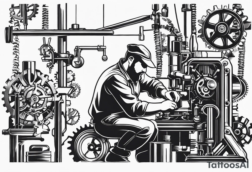 Create a BLACK and white drawing of a mechanic working on a machine, surrounded by mechanical elements like gears and tools. Clear lines, no shadows, no greys tattoo idea
