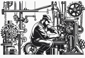 Create a BLACK and white drawing of a mechanic working on a machine, surrounded by mechanical elements like gears and tools. Clear lines, no shadows, no greys tattoo idea