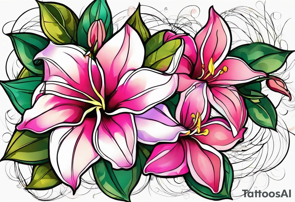 abstract mandevilla flowers on a vine, with color leaking out into the background. SOme of the flowers should be full color, and some just linework tattoo idea