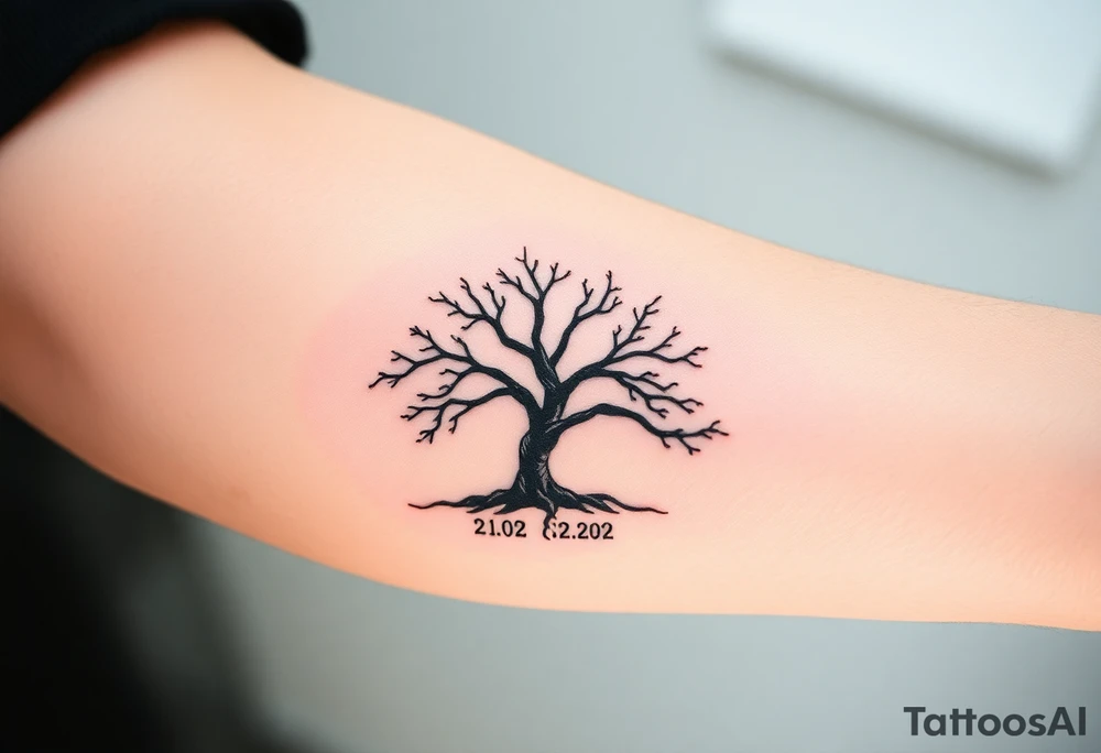 Design a tattoo symbolizing personal rebirth and freedom. or tree emerging from darkness, representing overcoming addiction, self-love, and inner strength. Include dates 21.02 and 22.02 as subtle elements. Style: minimalistic, meaningful, with clean lines and hope-driven symbolism. tattoo idea