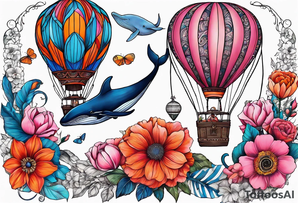 flowers, bold color, collage, pink, orange, red, hot air balloon, blue whale tattoo idea