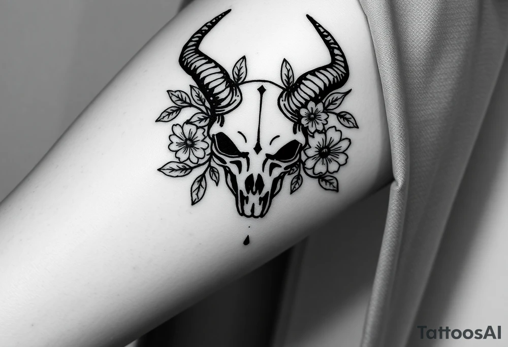 The sign capricorn as a realistic skull with leaves and flowers tattoo idea