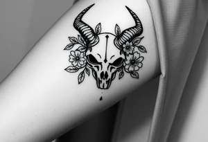The sign capricorn as a realistic skull with leaves and flowers tattoo idea