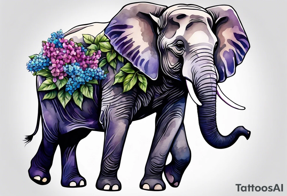 Seated elephant with raised trunk holding lilacs tattoo idea