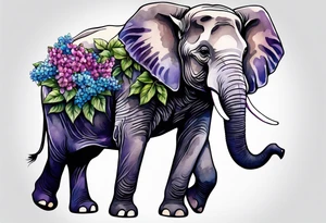 Seated elephant with raised trunk holding lilacs tattoo idea