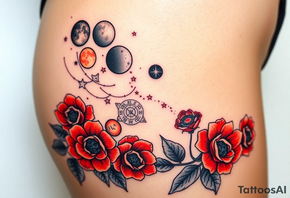 Milky way galaxy with planets with zodiac symbols and protection runes in it with red roses and sunflowers tattoo idea