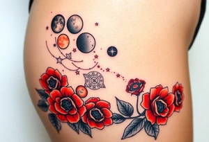 Milky way galaxy with planets with zodiac symbols and protection runes in it with red roses and sunflowers tattoo idea