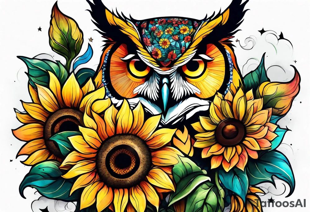 Arm sleeve with colorful sunflowers and an owl tattoo idea