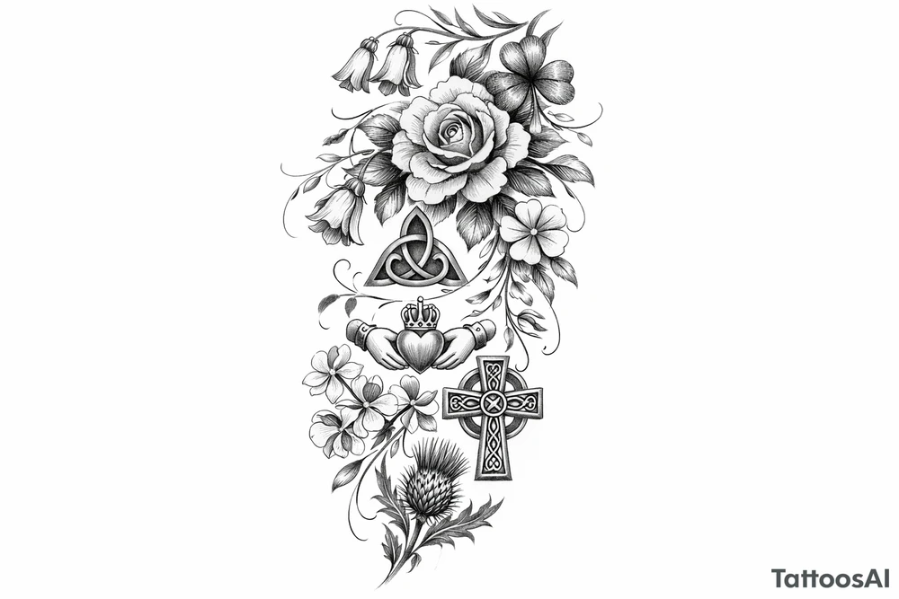 Cascading simple Irish flowers with Irish symbols tattoo idea