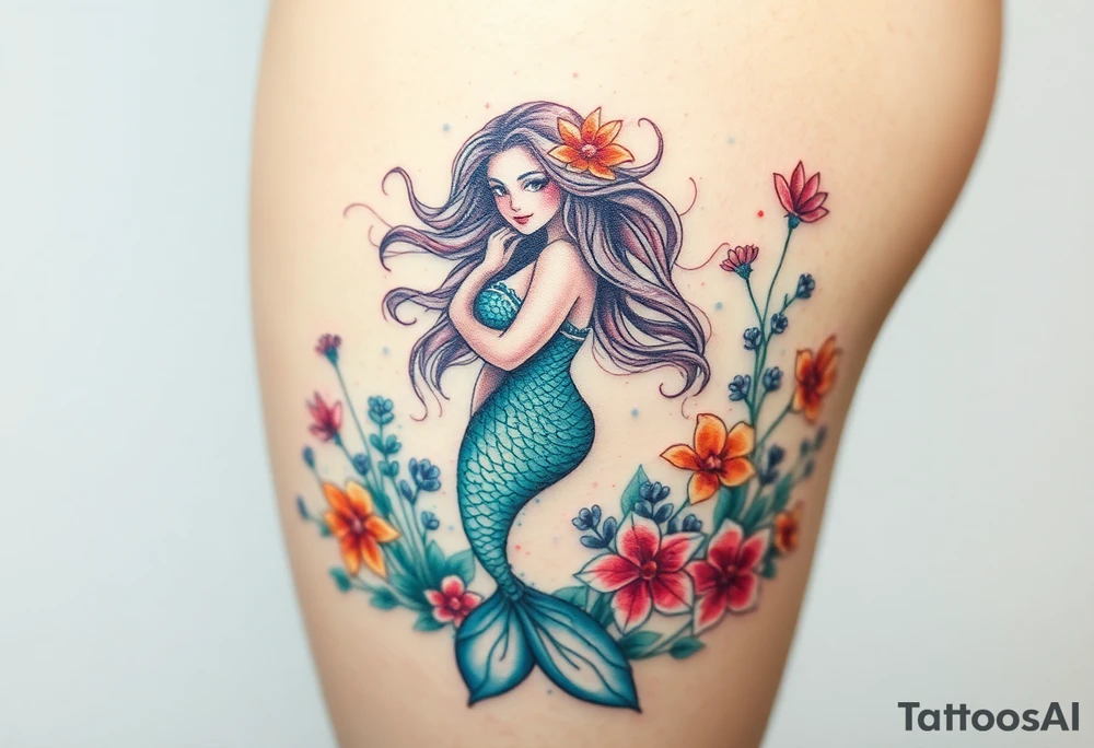 ethereal mermaid with flowing hair among coral and sea flowers tattoo idea