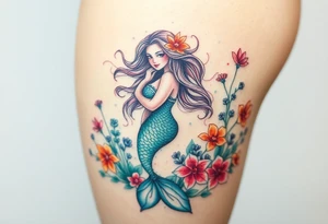 ethereal mermaid with flowing hair among coral and sea flowers tattoo idea