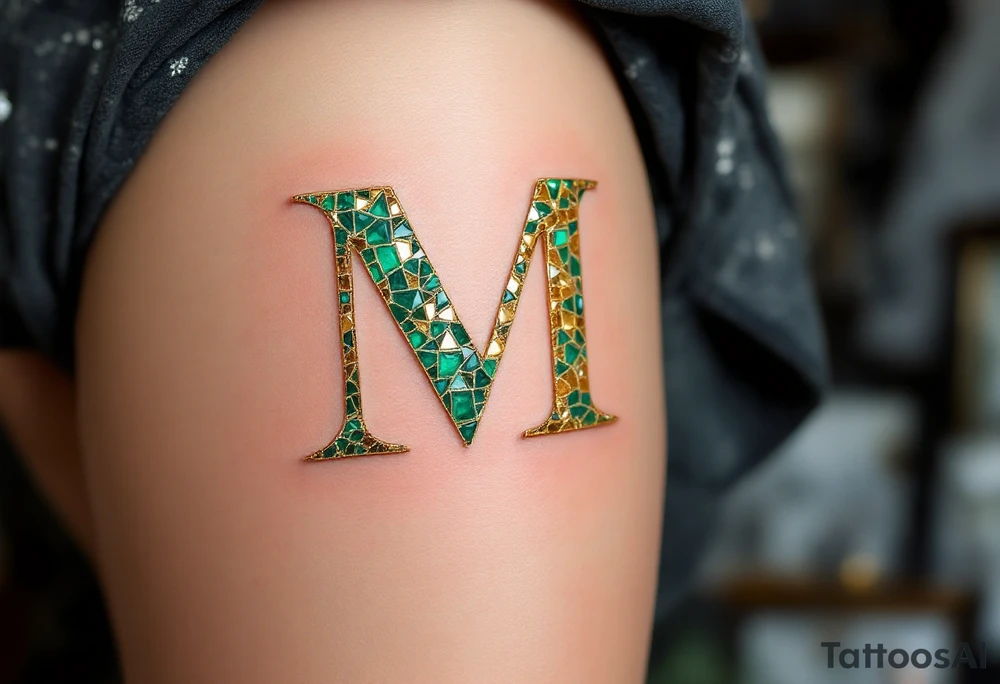 A mosaic-style "M" made of gold and emerald tiles, creating a royal effect. tattoo idea