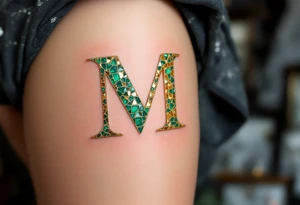 A mosaic-style "M" made of gold and emerald tiles, creating a royal effect. tattoo idea