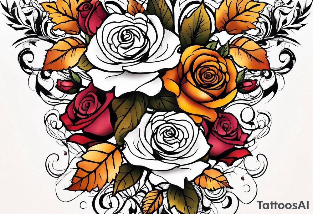 sleeve tattoo in fall colors with roses background swirls, leaves tattoo idea
