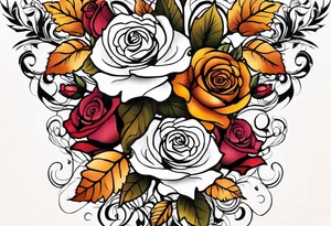 sleeve tattoo in fall colors with roses background swirls, leaves tattoo idea