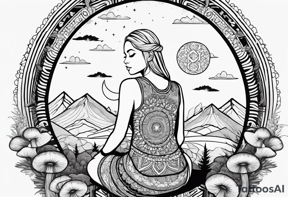 Straight blonde hair girl meditating facing away toward mountains surrounded by mushrooms crescent moon mandala circular design black and white striped dress tattoo idea